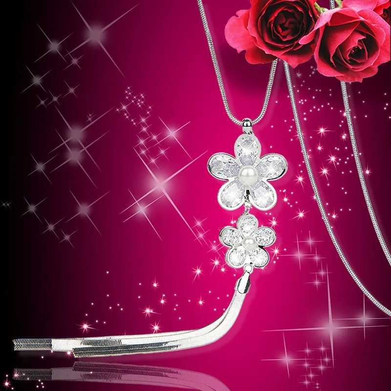 جديد مزدوج المزهر الزركون أربع أوراق البرسيم سترة طويلة قلادة، شرابة تنورة الإكسسوارات قلادة قلادة