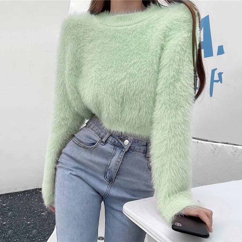 Rimocy Faux Mink Hair Cropped Sweaters Women Korean Fashion Long Sleeve Fluffy Sweater Woman Chic Solid Color Round Neck Jumpers