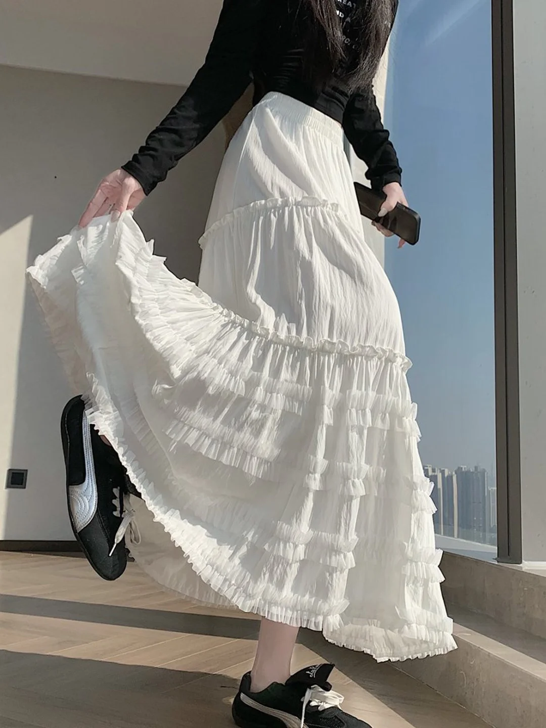 Wooden  Baked Cake Skirt Half-length Women's Spring Gentle Wind Elastic Waist Slim A-line Wide Umbrella Skirt