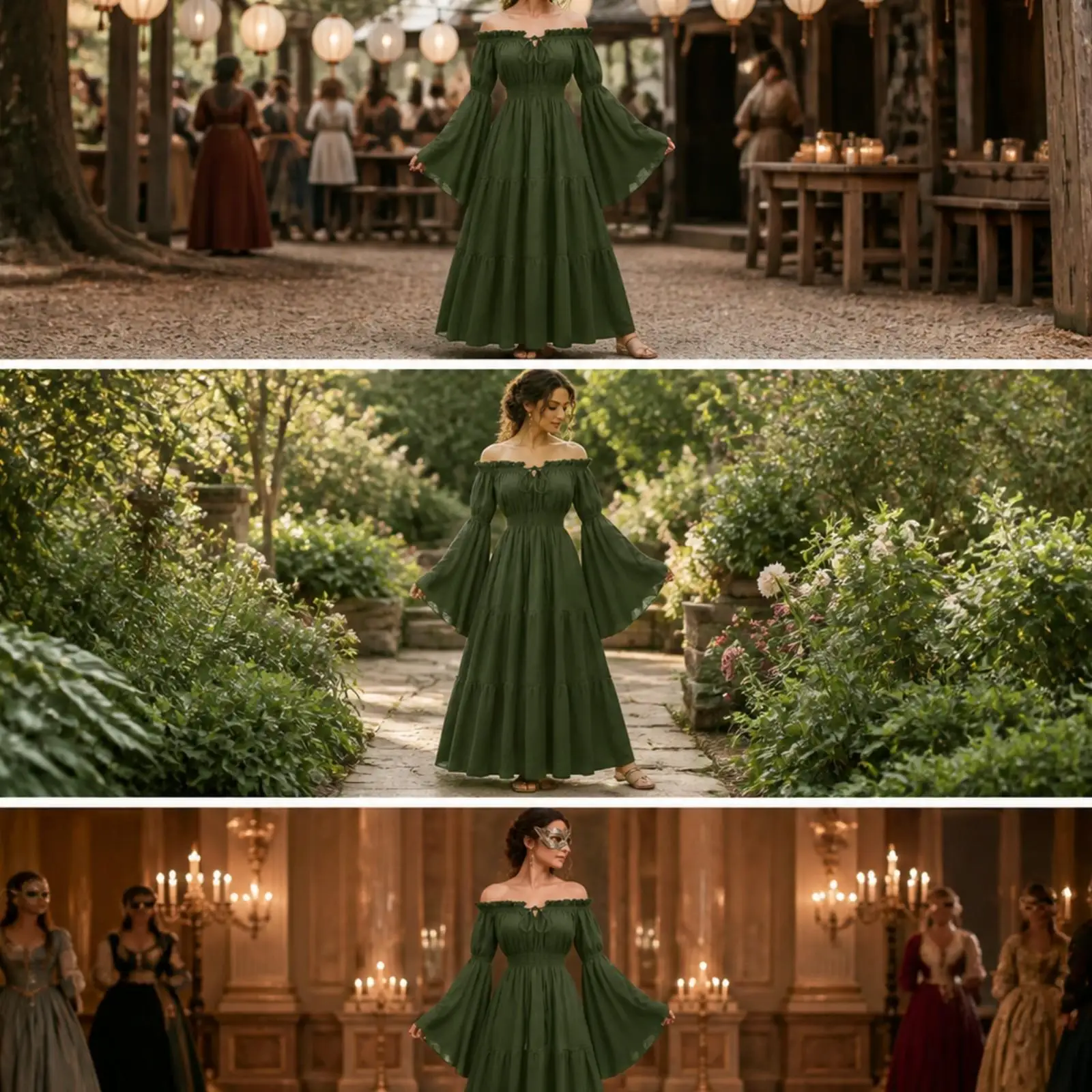 Women Off Shoulder Medieval Dress Flared Bell Sleeve Solid Color Maxi Gown with Waist Seams for Renaissance Fair Historical
