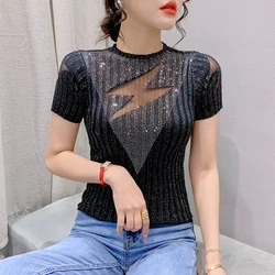 2023 New Summer Knitted T-Shirt Chic Sexy Patchwork Mesh Bright Shiny Diamonds Women Tops Short Sleeve Drill Stretchy Tees 34096