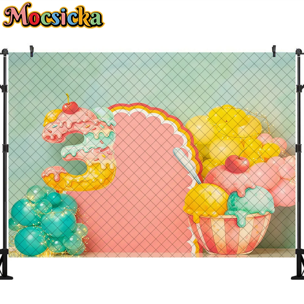 Mocsicka Photography Backdrop Sweet Cake Ice Cream Decoration Baby Shower Girl's 3rd Birthday Party Background For Photographs