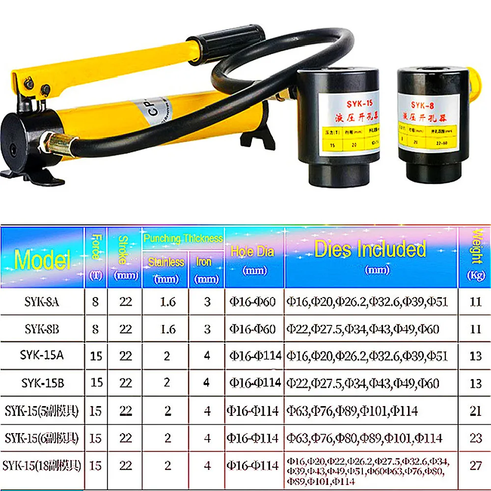 SYK-8 SYK-15 Hydraulic Steel Plate Hole Digger Hydraulic 16-51mm Hole Punch Tool Knockout Tool Hydraulic Hole Puncher 22-60mm