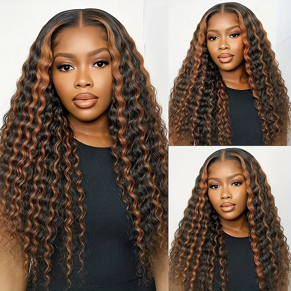 24 Inch Highlight Ombre Lace Front Wig Human Hair Pre-Plucked 1B/30 Black Brown13x6 HD Lace Frontal Deep Wave Honey Blonde180% Density Glueless Wigs for Women image 5