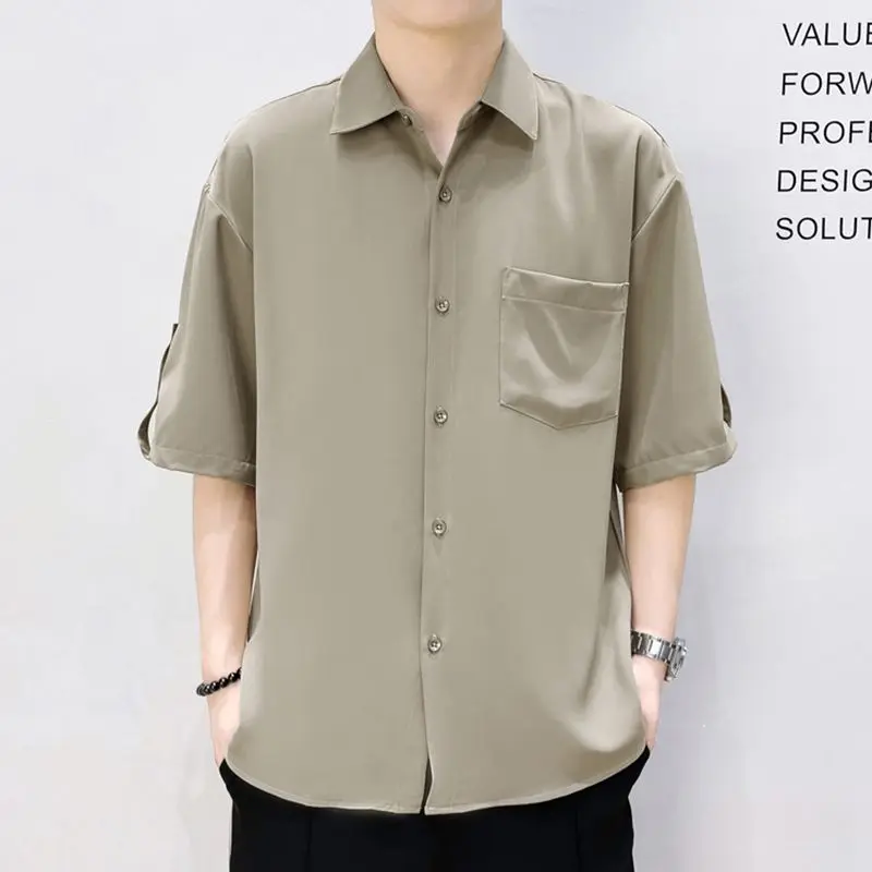 

Men Khaki Short Sleeve Shirt Turn Down Collar Button Up Chest Pocket Roll Up Sleeve Loose Fit Casual Top
