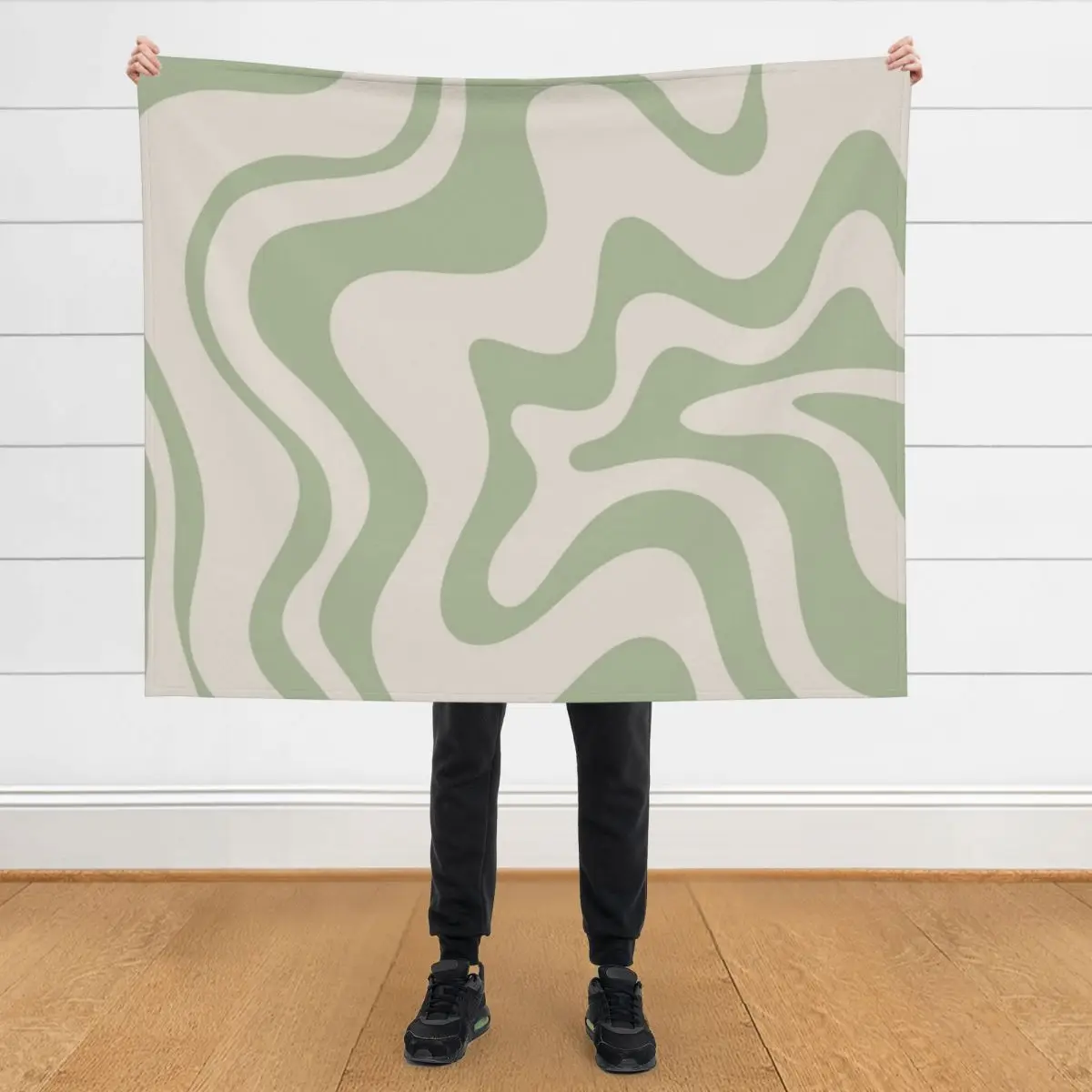 

Liquid Swirl Contemporary Abstract Pattern in Sage Green and Beige Throw Blanket Warm Custom Beach Blankets