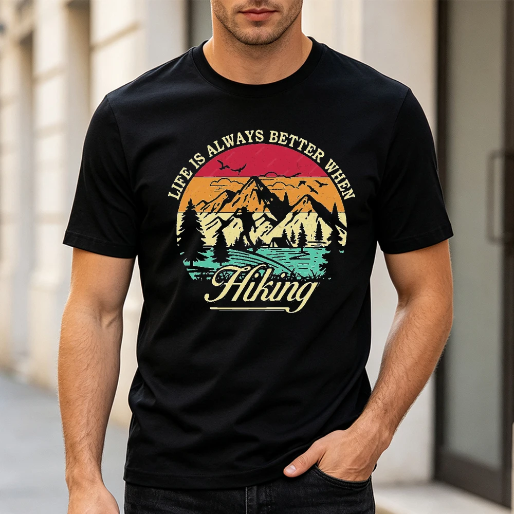 Life Is Better When Hiking Mountain Graphic T Shirt Men T Shirt Vintage Outdoor Activity Print Top Summer Vacation Nature Style