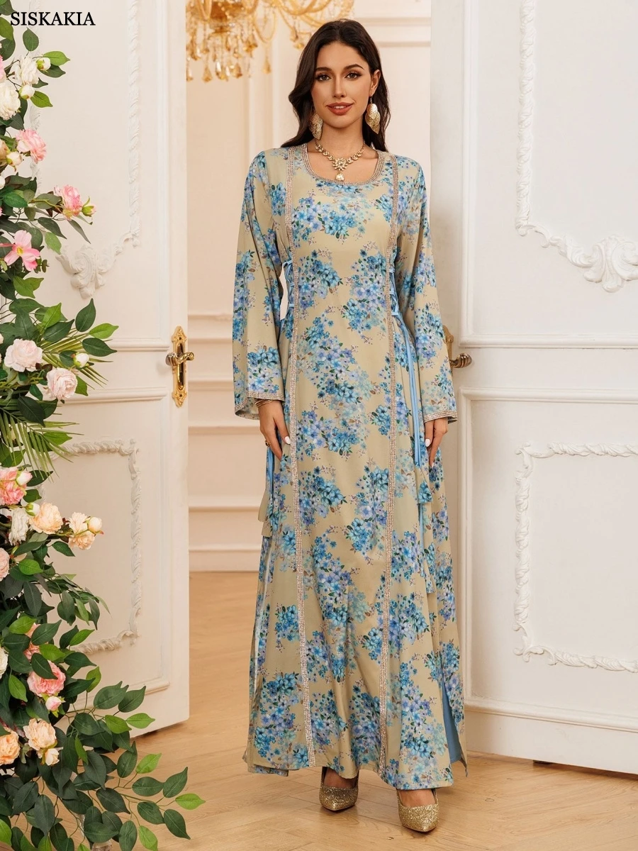 

Siskakia Morocco Floral Print Abayas Dubai Belted Kaftan Maxi Dress Elegant Caftan Marocain Femme 2025