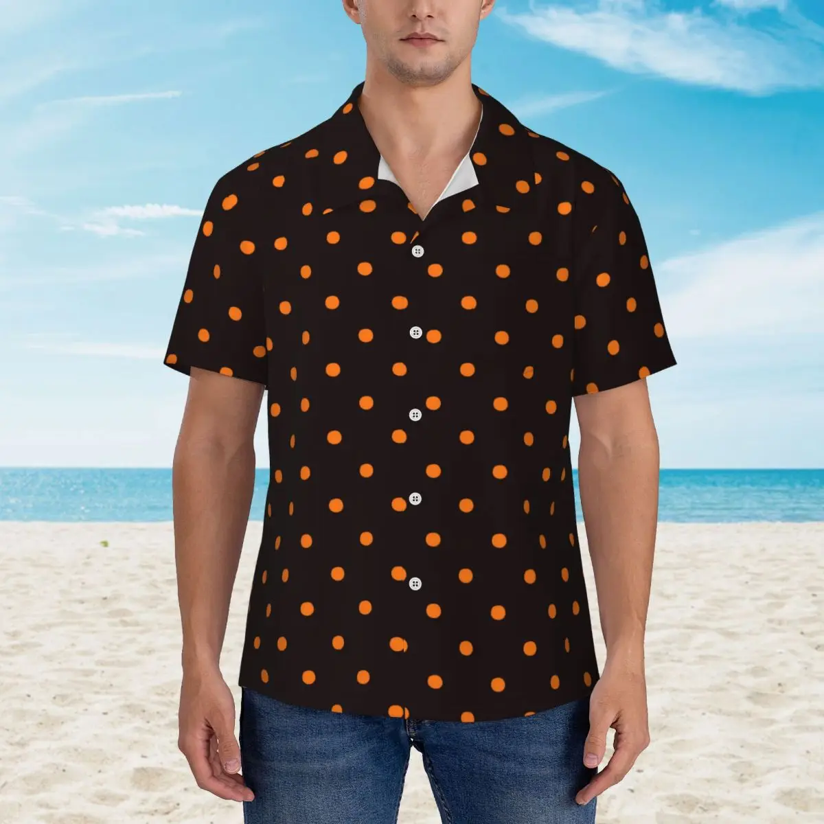 Polka Dots Print Hawaii Shirt Men Beach Orange and Black Casual Shirts Short-Sleeve Y2K Funny Custom Classic Oversized Blouses