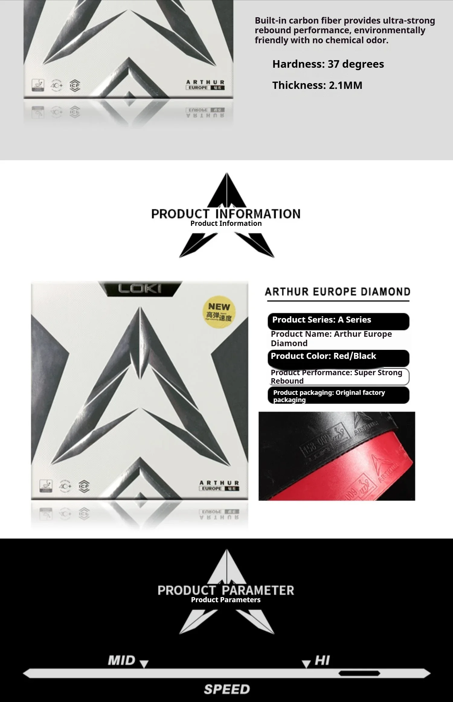 LOKI ARTHUR EUROPE DIAMOND Tischtennisbelag, nicht klebend, Pips-in, TTF-zugelassen, mit Carbon-Schwamm – Detail 2