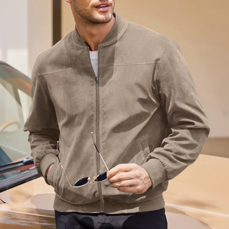 

Streetwear Men’s Suede Jacket Long Sleeve Stand Collar Solid Color Bomber Jacket Zipper Coats