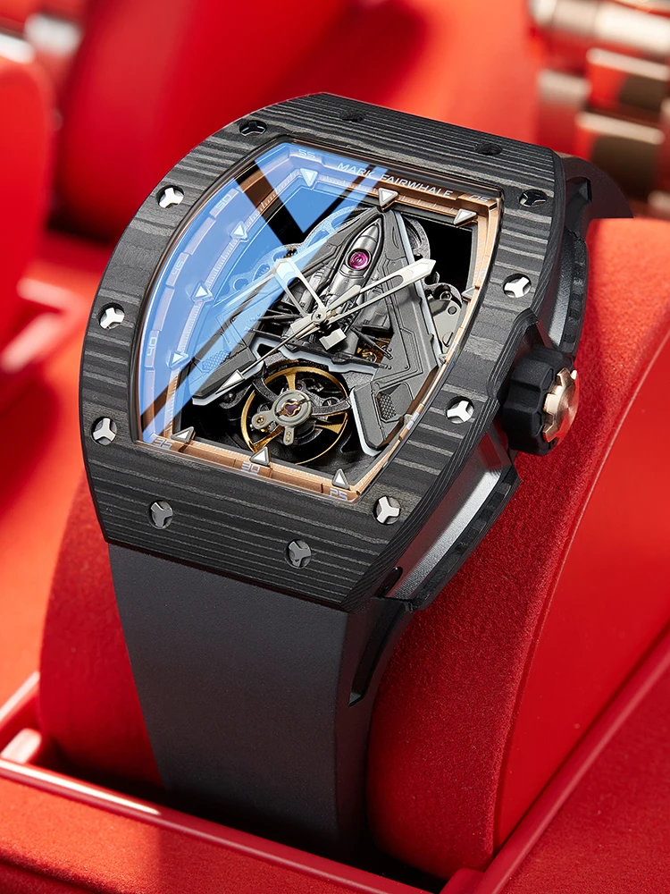 

Mark Fairwhale Brand Sports Mechanical Watches Mens Fashion Rubber Strap Luxury Tonneau Automatic Tourbillon Watches For Men