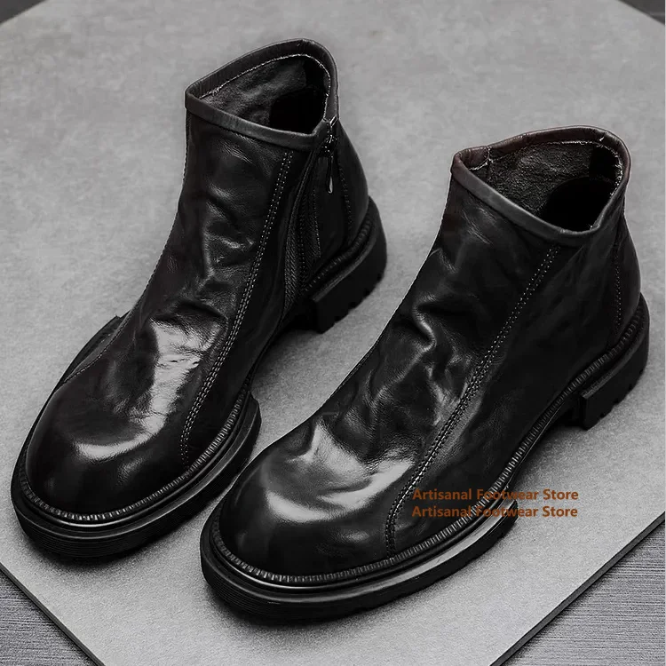 

High Top Thick Soled Men's Leather Boots Side Zipper Chelsea Boots British Style Black/coffee Leather Boots Trendy Men's Shoes