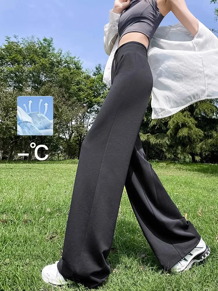 Modne spodnie damskie z wysokim stanem i szerokimi nogawkami, letnie, cienkie, z jedwabiu lodowego, luźne spodnie do jogi, szybkoschnące, chroniące przed słońcem, o prostym kroju.
