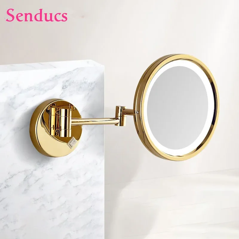 Home and Homtel Copper Wall Bathroom Makeup Mirror 8 Inch Dual Arm Extend Foldable Bathroom Mirrors LED Manginifying Mirror