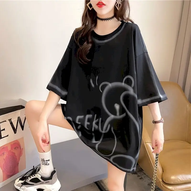 Casual Large Size T Shirt Women Loose Short-sleeved T-shirt Summer New Loose All-match Mid-length Top Womens Kawaii Clothes 2024