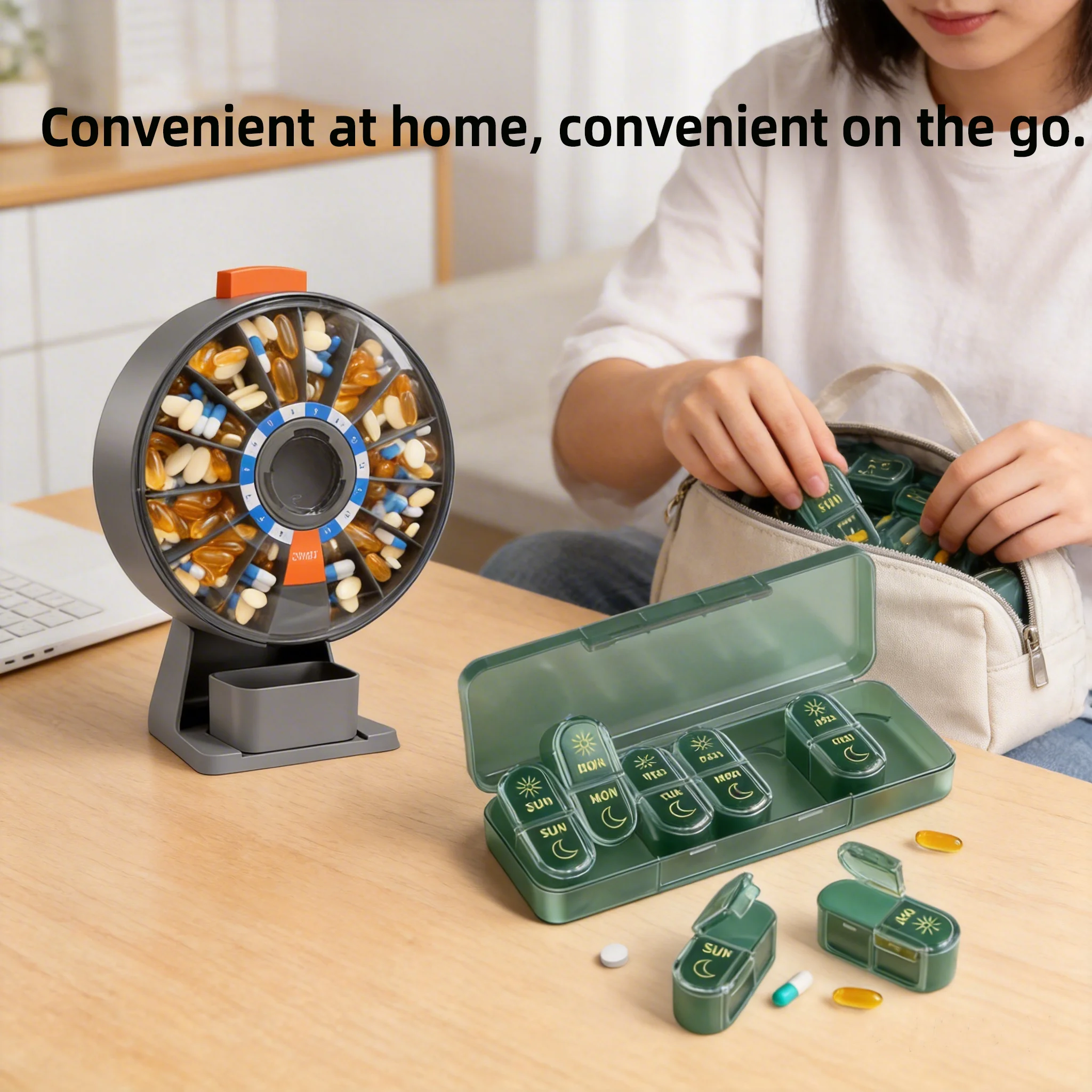 14-Day Pill Dispenser + 7-Day Portable Pill Dispenser One set for Home and Travel Sealed Portable Medicine Case