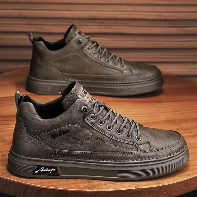 Men Ankle Boots Black PU Leather Casual Non-slip Shoes Spring Fashion Breathable Platform Boots Comfortable Platform Work Shoes