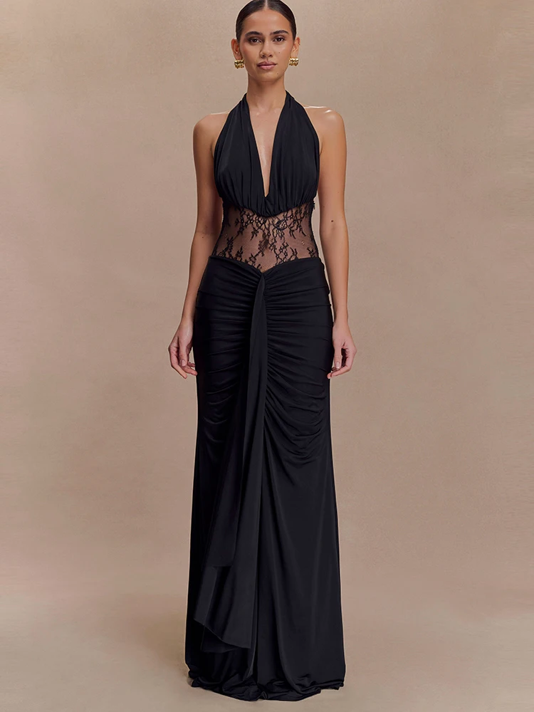 

Oniflyme Lace Patchwork Ruched Sexy Maxi Dress Women See Through Halter Backless Slim A-line Partywear Sleeveless Elegant Robes