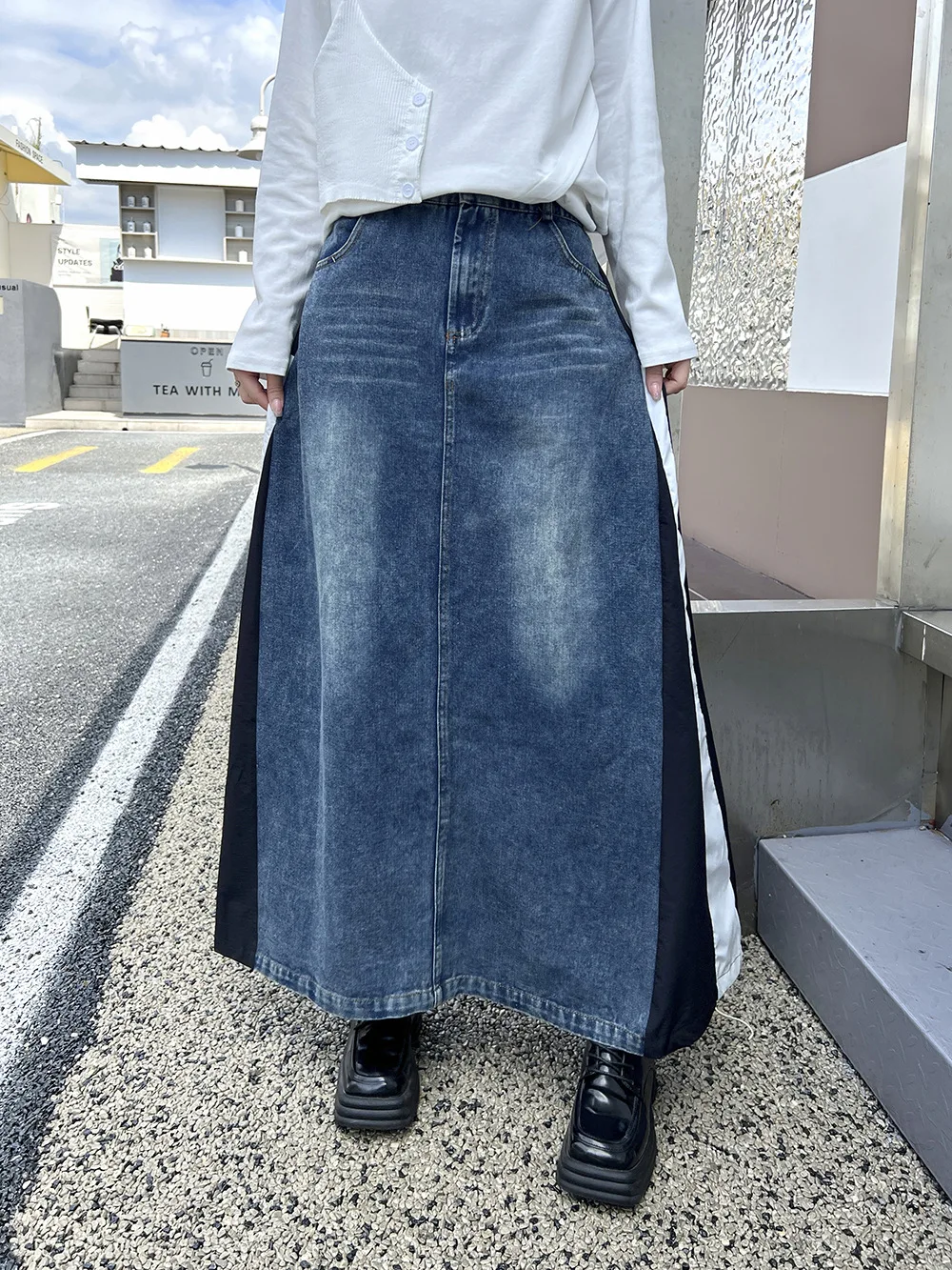 

Long Jeans Skirt Women Elastic Waist Luxury Design Harajuku Maxi Denim Skirts Stylish Contrast Color Block Patchwork Y2k Street
