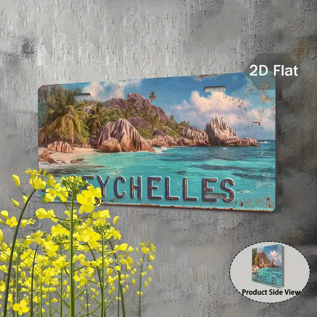 2D Flat, 1pc Vintage Seychelles Metal Sign - Tropical Island Wall Decor, Blue Ocean And Rocky Coastline - Large 29.97X14.99 Cm -