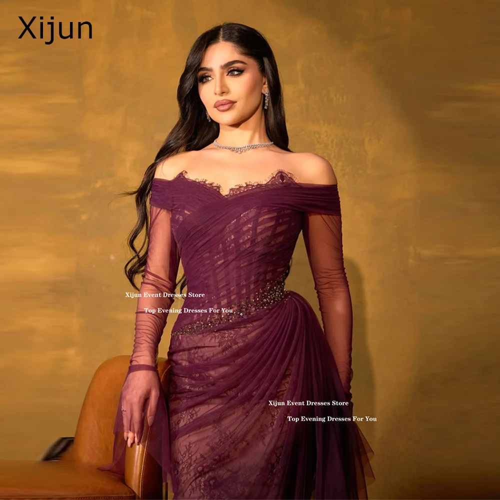 

Xijun Purple Lace Mermaid Evening Dresses Off The Shoulder Appliques Pleated Prom Dresses Formal Occasion Prom Gowns Customized