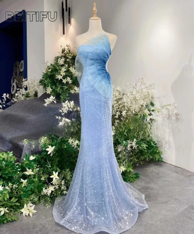 

BeitifuBaby Strapless Women's Evening Party Dresses Sequins Sleeveless Mermaid Skirt Dress for Women 드레스 스커트 Vestidos Elegantes