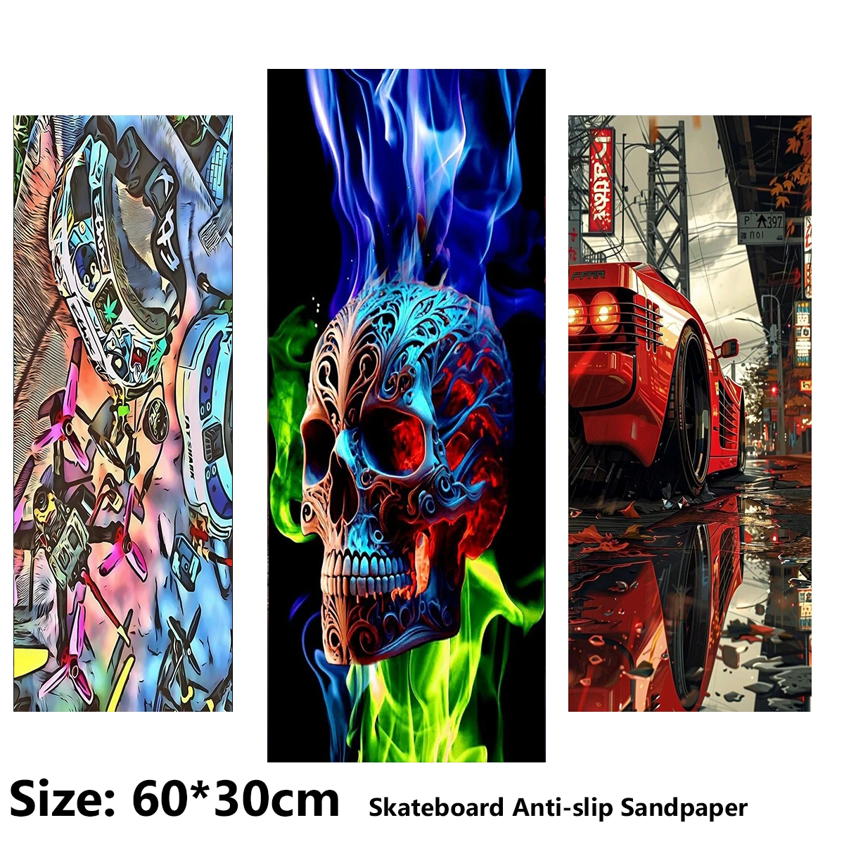 

Skull Colorful Dark Pattern Electric Scooter Anti-slip Sticker Sandpaper Skateboard Grip Tape Sheet 60*30cm
