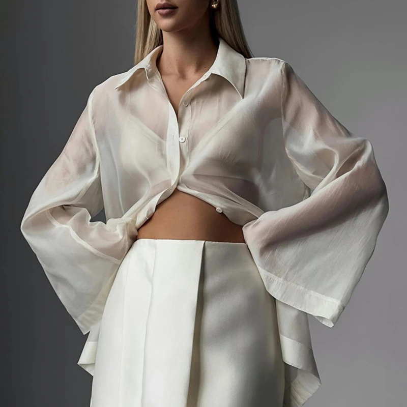

Tornova Tencel Perspective Sunscreen Women's Shirt Lapel Long Sleeve Sexy Cardigan Top 2025 Summer New Loose Casual Lady Blouses