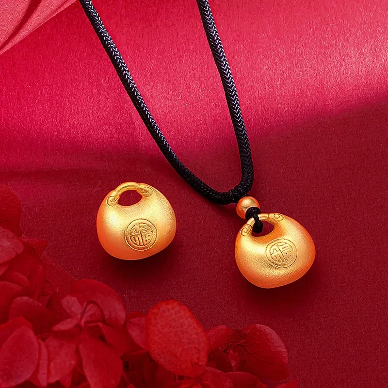 9999 Real Gold 24K New Chinese Spring Black Rope Chain Fat Fu Necklace Yuanbao Small Fat Fu Pendant Lock Bag Black Rope Necklace