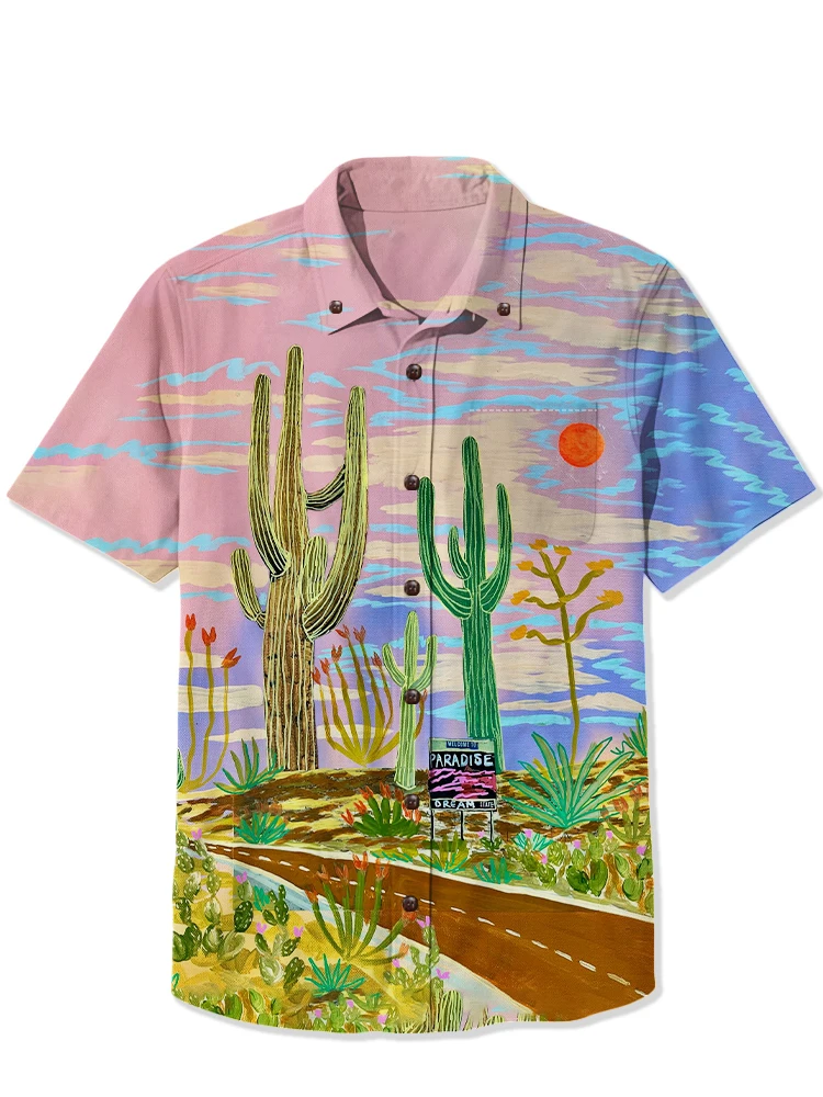 2024 New Fashion Cactus Desert Shirt Beach Party 3D Printed Hawaiian Shirt Unisex Short Sleeve Oversized Shirt Lapel Shirt