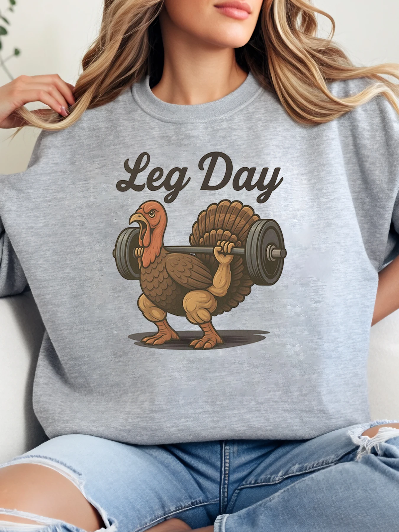 

Толстовка с круглым вырезом и принтом на День Благодарения, подтягивающая штанга, нога, женская повседневная домашняя одежда для тренировок, серая, больших размеров