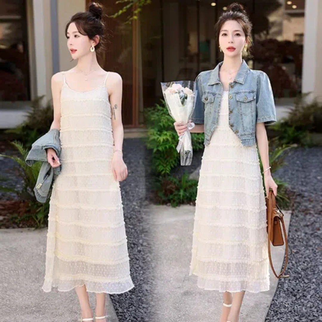 Women's Denim Jacket Multi Ruffle Tulle Skirt Pleated High Waist Fluffy Fairy Cake Skirt Long Party Dresses Two Piece Set