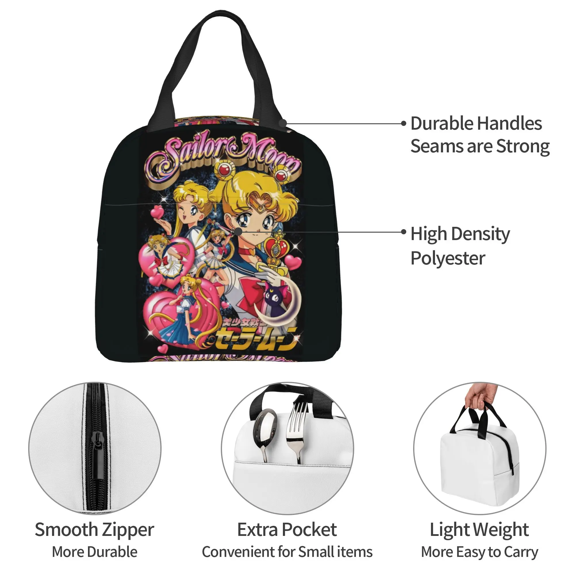 Custom Comic Magic Usagi Tsukino Insulated Lunch Bag for Women Portable S-Sailors M-Moons Luna Thermal Cooler Lunch Box School view 3