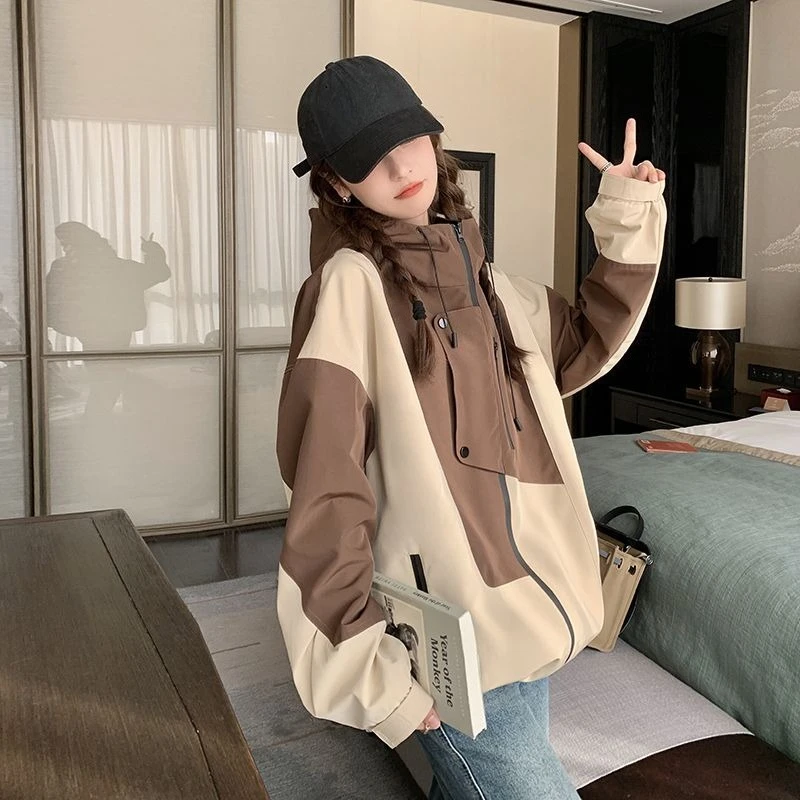 سترة نسائية فضفاضة مناسبة موديل 2025 ذات ياقة عالية مع قلنسوة ملابس خارجية غير رسمية للربيع والخريف سترة واقية بنمط هاراجوكو للتخسيس #3