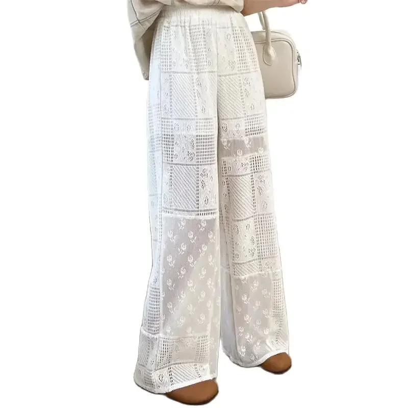 

Summer Fashion White Pants Women 2025 New hollow Out Lace Embroidered Loose Wide-Leg Pants High Waist Casual Straight Trousers