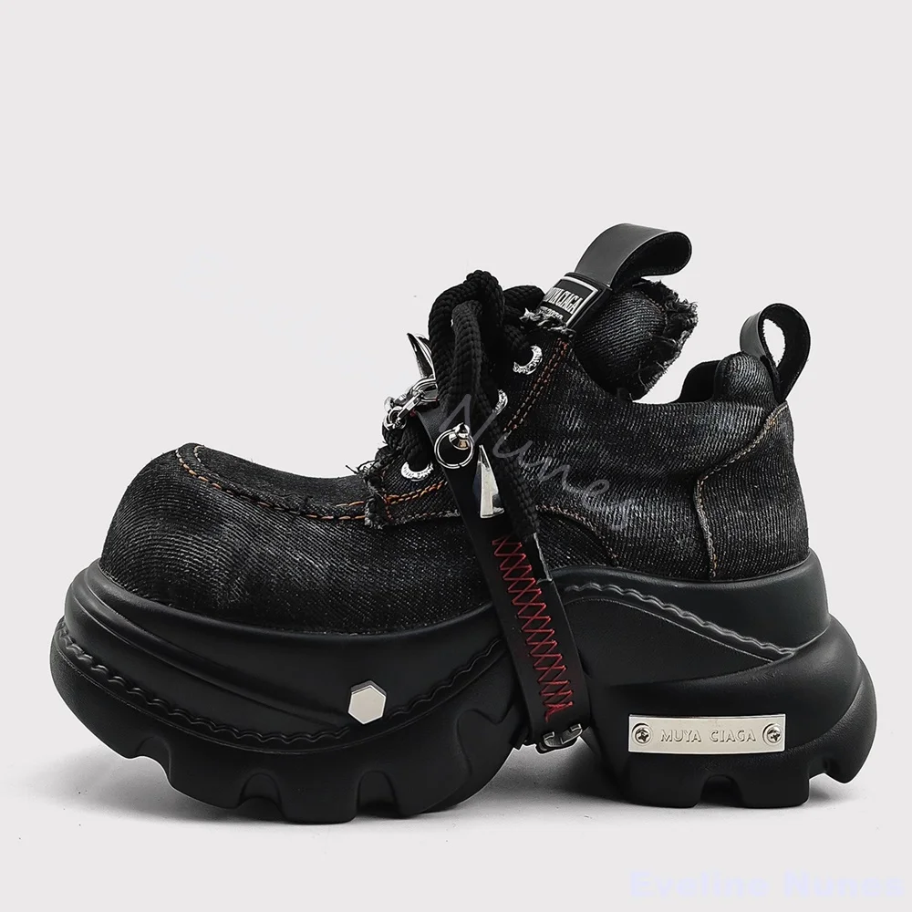 عين الشر فاسق الدنيم أحذية النساء زخرفة المعادن جولة تو منصة عبر تعادل حذاء كاجوال جديد الشرير النمط البريطاني حذاء مزود بفتحة للأصابع الكبيرة