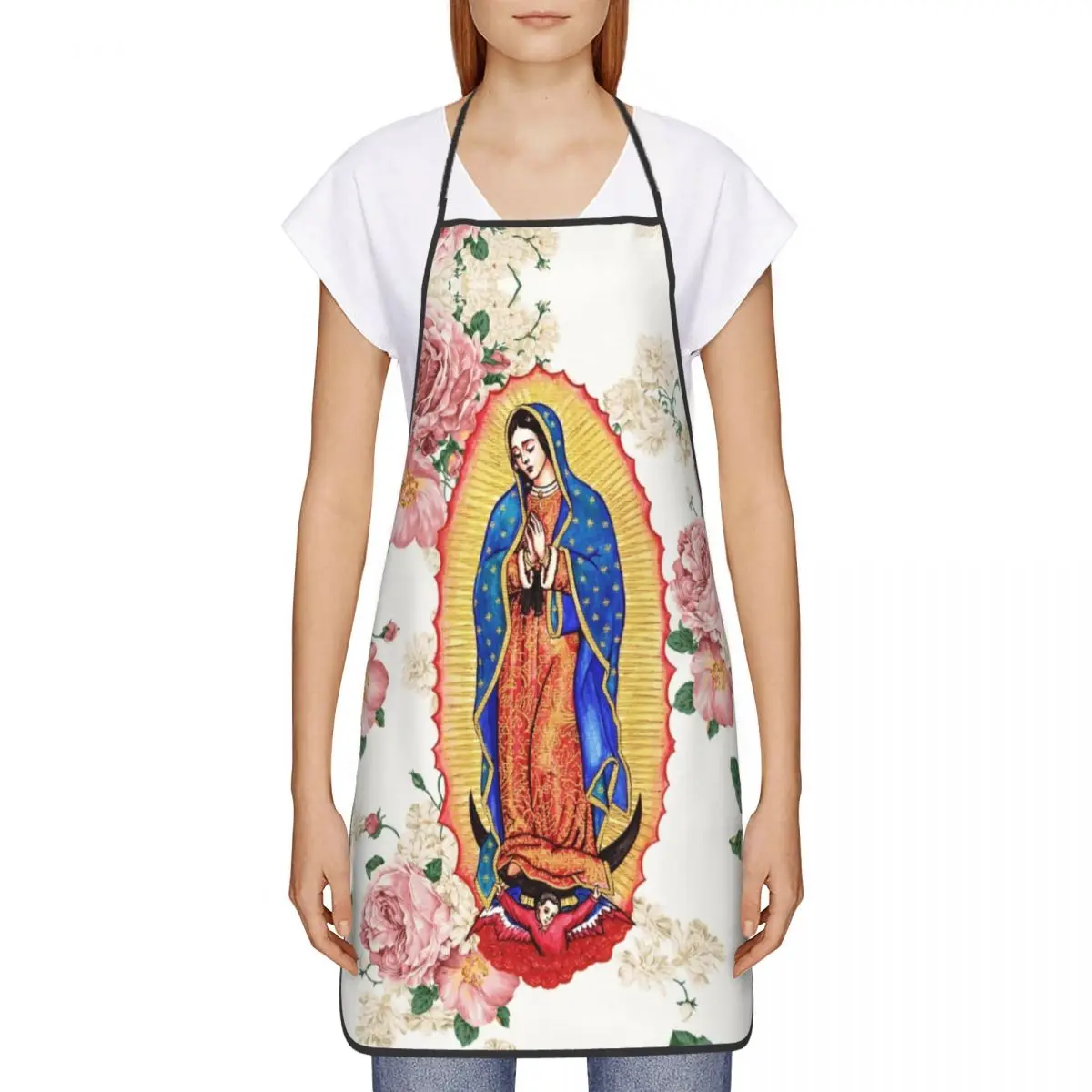 Custom Unisex Virgin Of Guadalupe Bib Apron Adult Men Chef Tablier Cuisine for Kitchen Cooking Catholic Virgin Mary Gardening