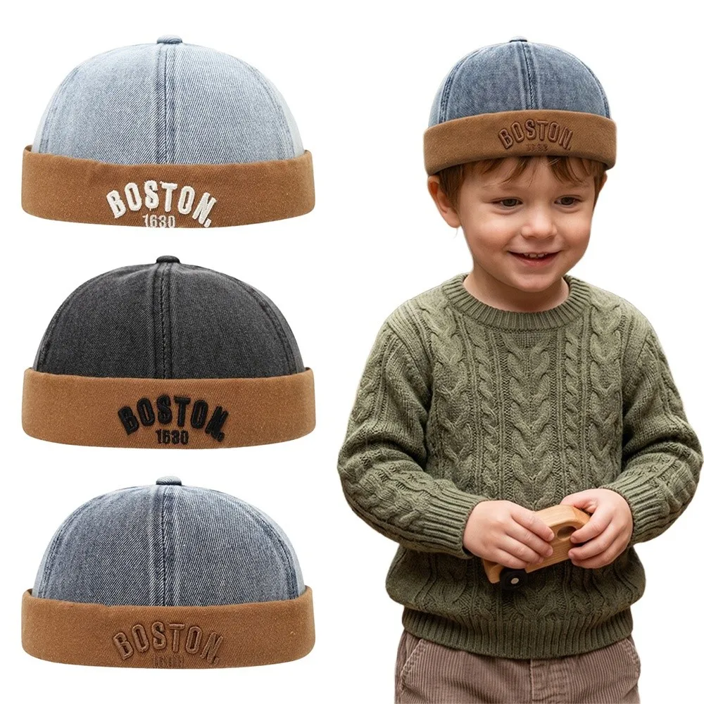 Fashion Letter Embroidered Baby Brimless Hat Cotton Denim Sun Protection Landlord Cap Breathable Adjustable Bucket Hat Summer