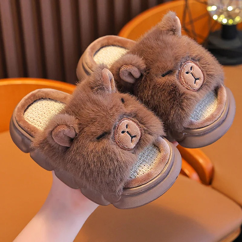 

Children Spring Autumn Capybara Linen Slippers Girls Cute Cotton Linen Breathable All Seasons Boys Platform Home Cotton Slippers