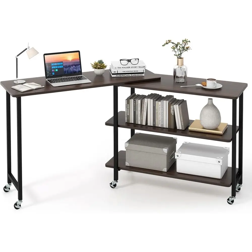 

Rotating 360° Swivel Side Table with 2-Tier Storage, Casters, Laptop Desk for Home Office, Walnut