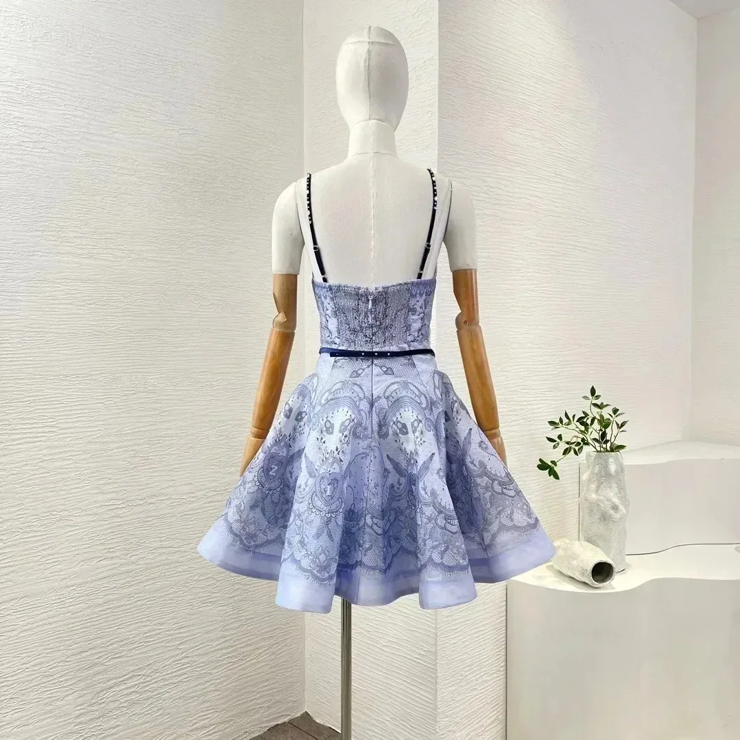 Linho de seda feminino cintura espaguete estilo romântico corte vestido roxo violeta sem alças mini vestidos para o verão estampa floral