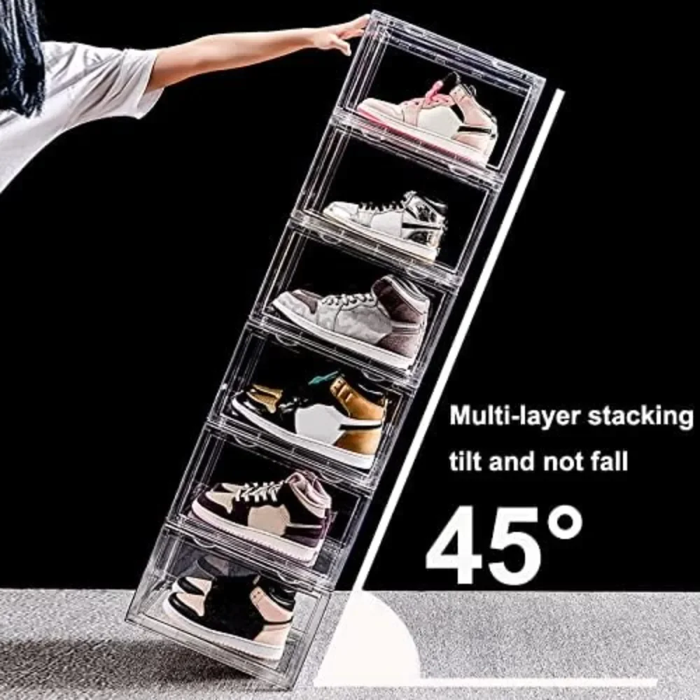 Clear shoebox, set of 9 stackable, magnetic side-opening shoe organizer and shoe storage box, fully transparent display sneakers