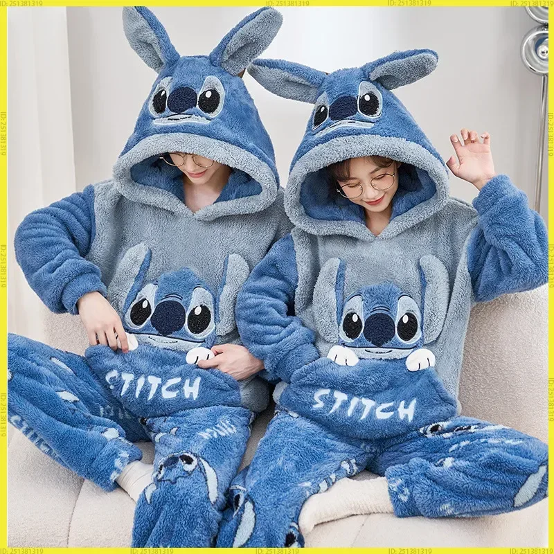 

Couple Style Sleepwear Women'S Winter Coral Fleece Cartoon Stitch Warm And Comfortable Home Clothes Two-Piece Set Birthday Gifts
