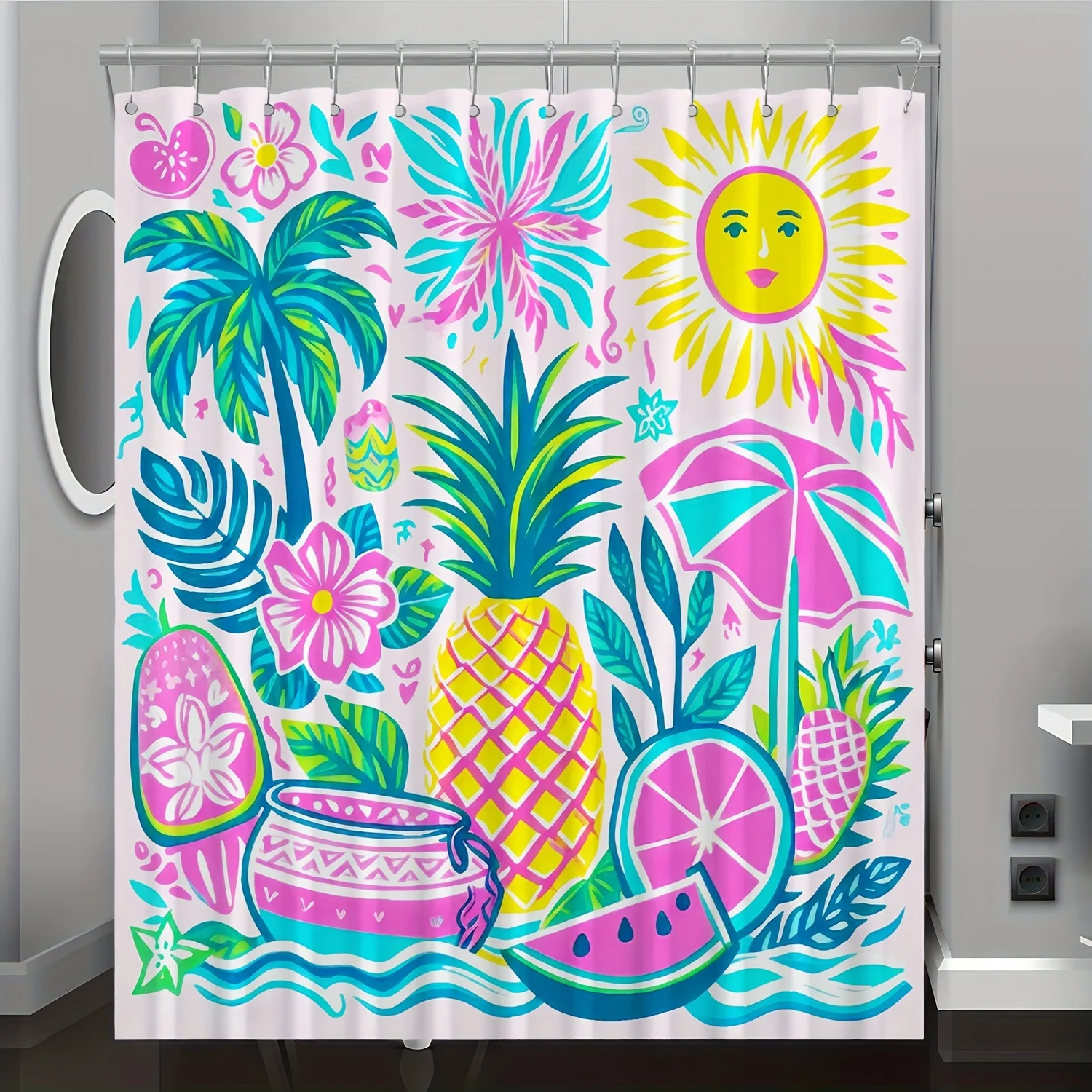 

1pc Summer Fruit Cartoon Pattern Digital Print Shower Curtain, Bathroom Home Decor with Free Hooks, Machine Washable, All-Season
