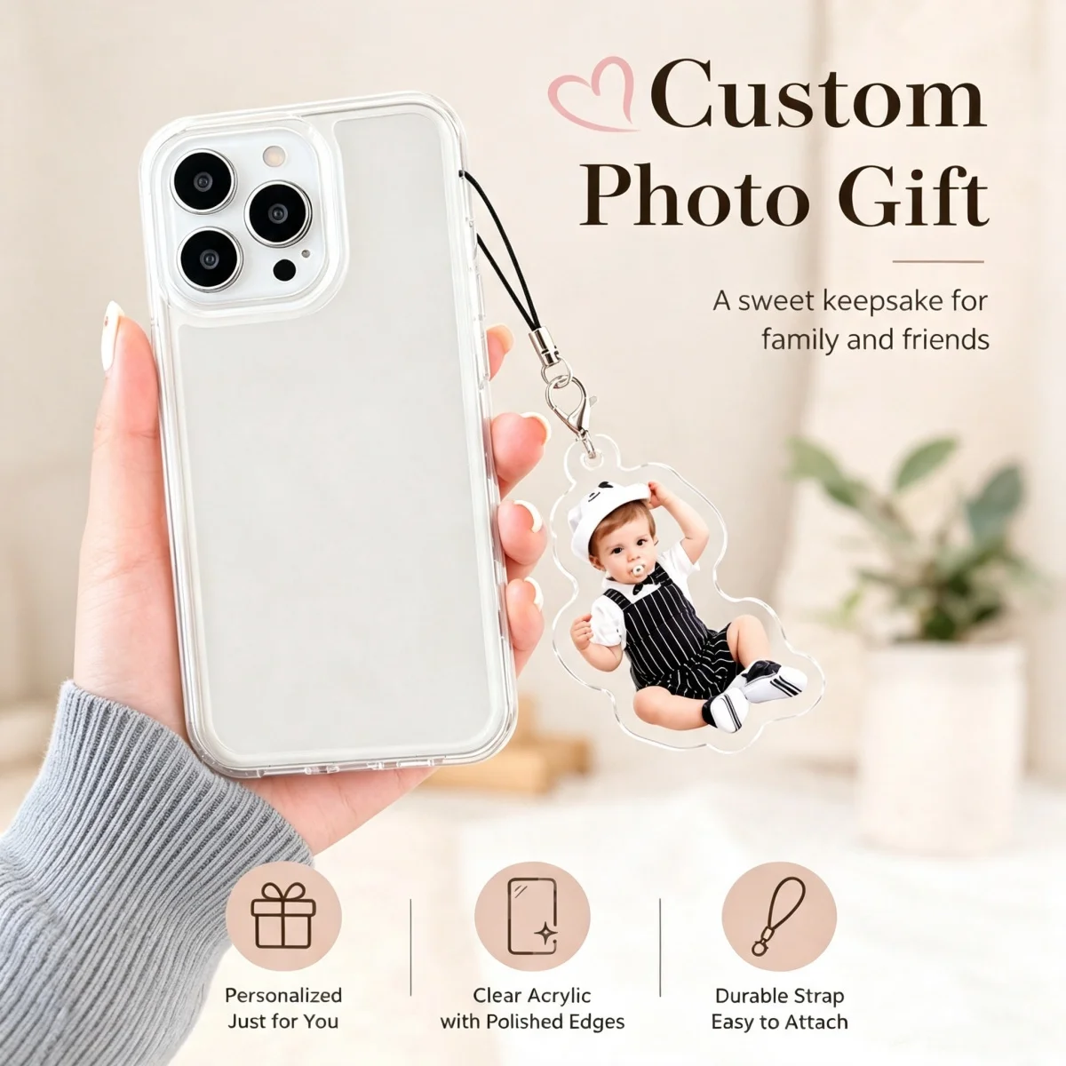 Custom photo acrylic phone charm—personalized, family portrait, or pet-themed; a personalized accessory.