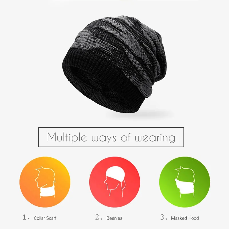 Men Winter Caps Knitted Hat Scarf Dual Use Fashion Patchwork Thicker Keep Warm Quality Simple Leisure Male Warm Hedging Caps