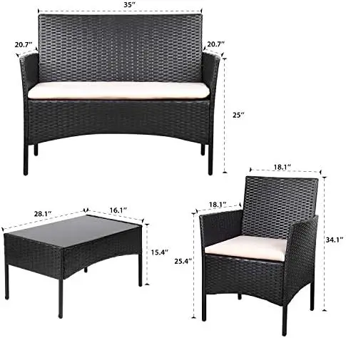 4 Pieces Rattan Patio Furniture Set, Outdoor Indoor Use (Black Beige)
