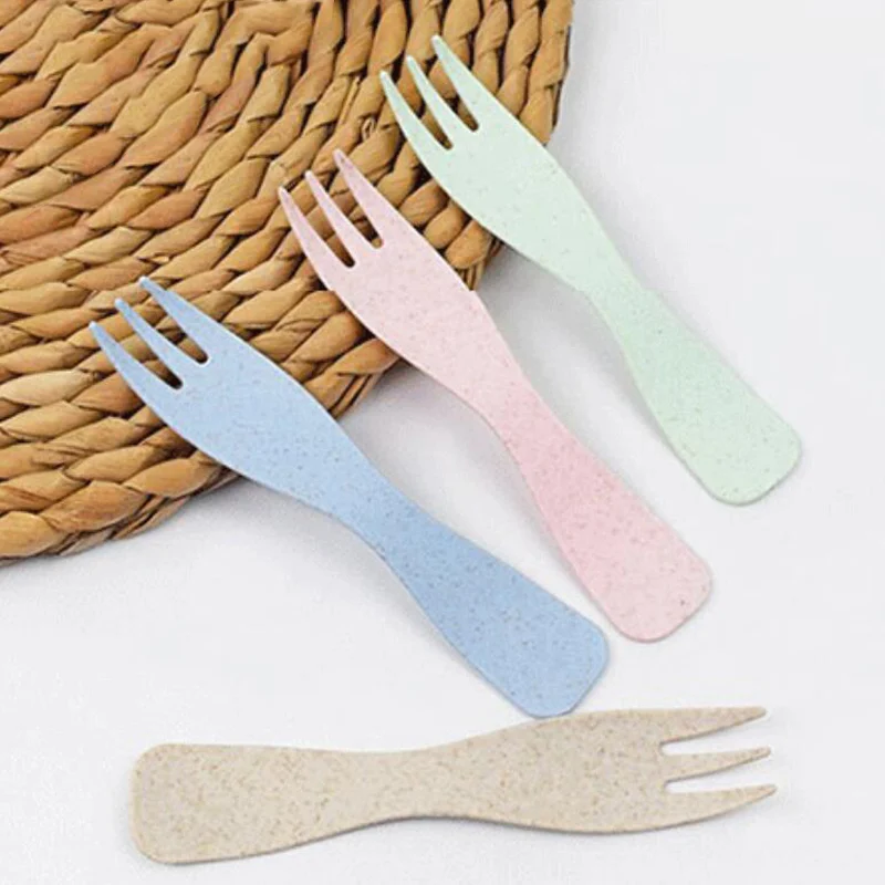 

5Set Disposable Wave Shape Small Forks Tableware Set Wheat Straw Flatware Supplies Fruit Dessert Cake Forks Party Accessories