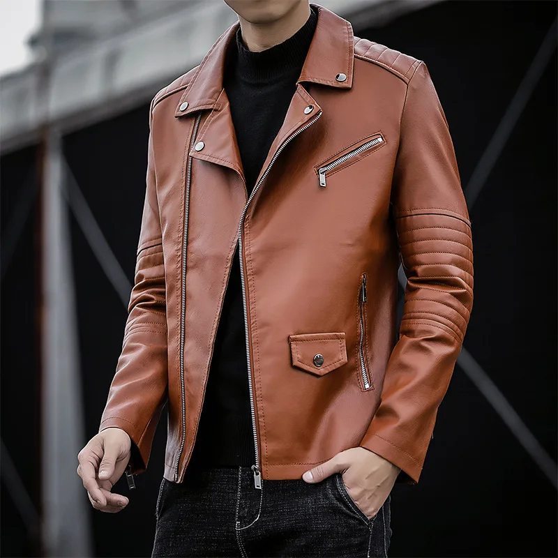 2024 Men's Autumn Slim Fit Motorcycle PU Leather Jacket Youth Lapels Oblique Zipper Casual Leather Clothing